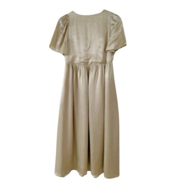 Madewell Puff-Sleeve V-Neck Midi Dress in Shiny Gold Satin ND148 XL X-Large - Picture 2 of 5